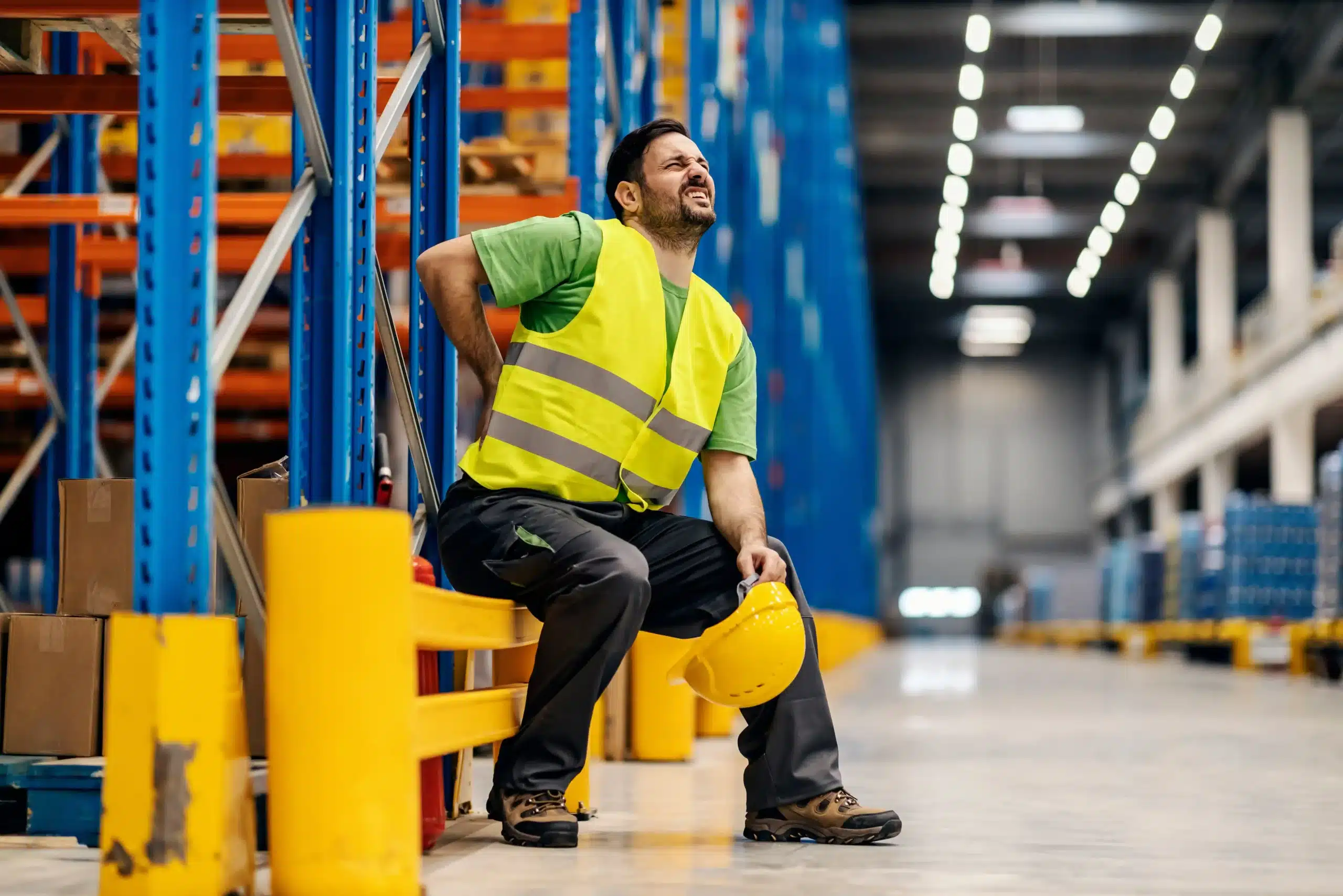 A warehouse worker holding his lower back in pain, showing early signs of a spinal problem caused by heavy lifting.