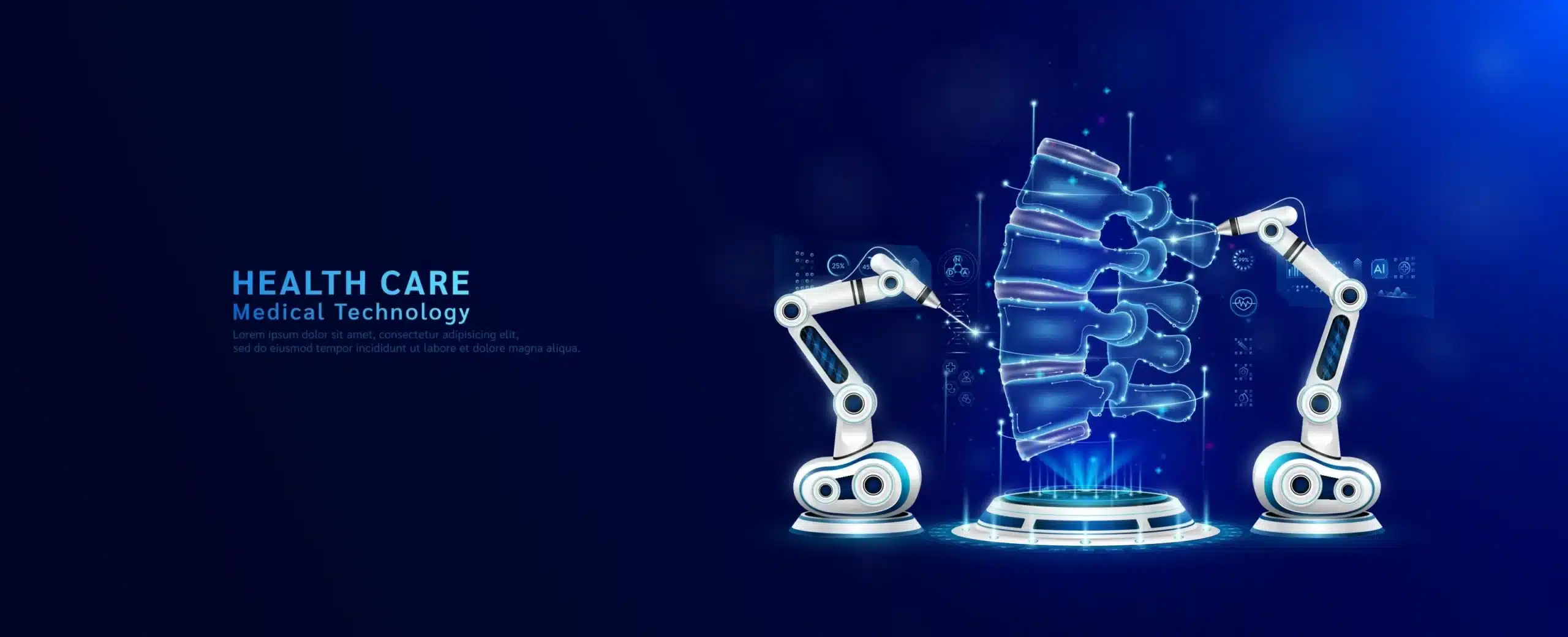 Robot arms performing precise spinal surgery on a bone model, representing modern medical technology in healthcare.